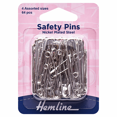 H410.99.64 Safety Pins: Assorted Sizes: Nickel: 64 Pieces 